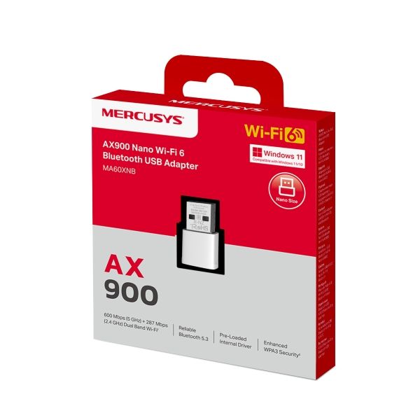 USB Adapter WiFi 6 AX900 MERCUSYS MA60XNB, Bluetooth 5.3 tích hợp sẵn driver, hỗ trợ Windows 10/11
