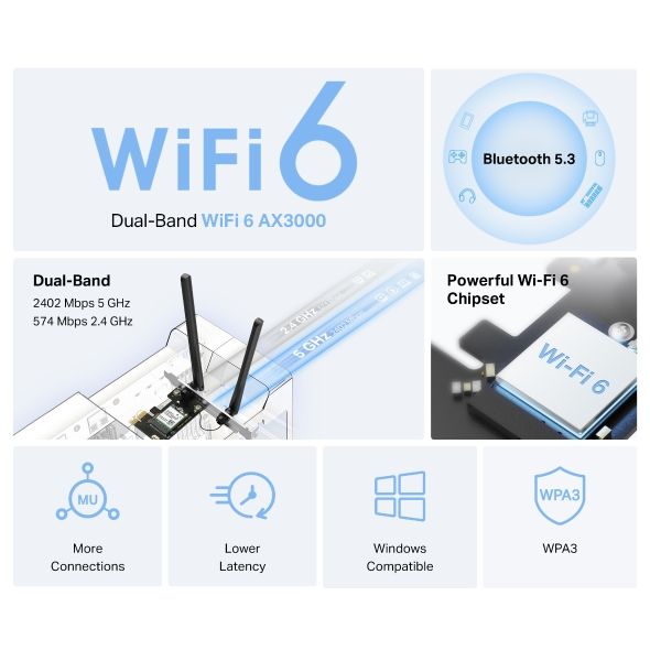 Card mạng PCIe Adapter Wi-Fi 6 Mercusys MA80XE AX3000 Bluetooth 5.3 Hai Ăng-ten