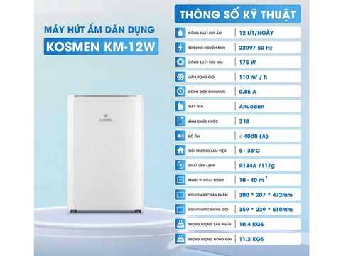 Máy hút ẩm Kosmen KM-12W 12L/ngày, Điều khiển App, Sấy quần áo