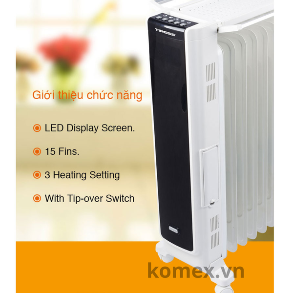 Máy Sưởi Dầu Tiross TS9215 15 Thanh, Công Suất 2800W, Có Điều Khiển, Tiết Kiệm Điện