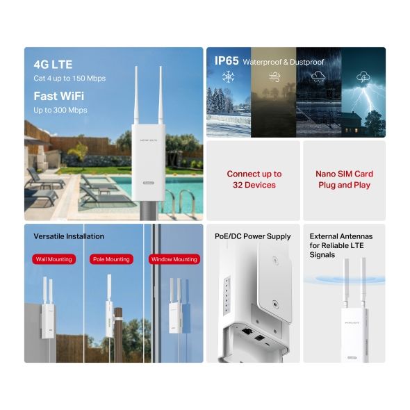 Router Wi-Fi 4G LTE Mercusys MB118-4G Chuẩn N 300Mbps Indoor/Outdoor Cắm SIM Dùng Ngay