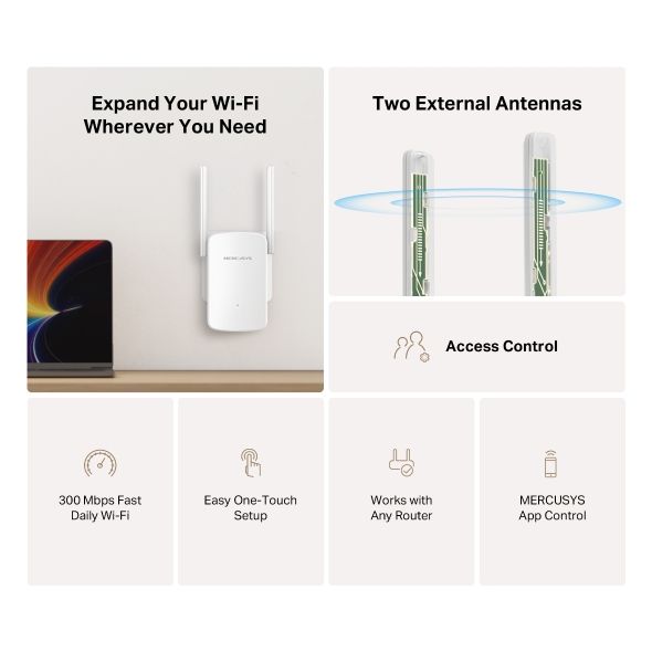 Bộ Mở Rộng Sóng WiFi 300Mbps MERCUSYS ME12, tương thích với tất cả router và Access Point