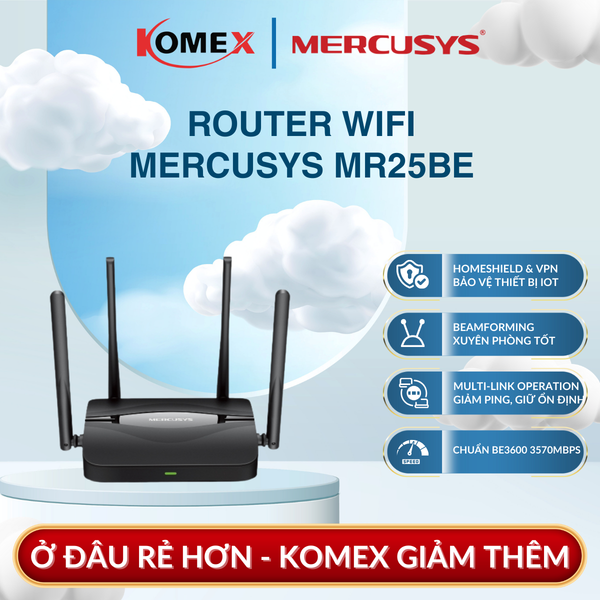 Bộ Phát Sóng Router Wi-Fi 7 MERCUSYS BE3600 MR25BE Chuẩn 802.11BE Băng Tần Kép, Phủ Sóng Mạnh, Độ Trễ Thấp