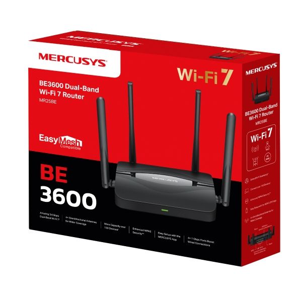 Bộ Phát Sóng Router Wi-Fi 7 MERCUSYS BE3600 MR25BE Chuẩn 802.11BE Băng Tần Kép, Phủ Sóng Mạnh, Độ Trễ Thấp