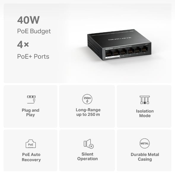 Switch PoE Mercusys S106LP 10/100Mbps 6 Cổng 4 Cổng PoE+ 40W Vỏ Kim Loại, Nút gạt vật lý giúp tách biệt lưu lượng giữa các cổng