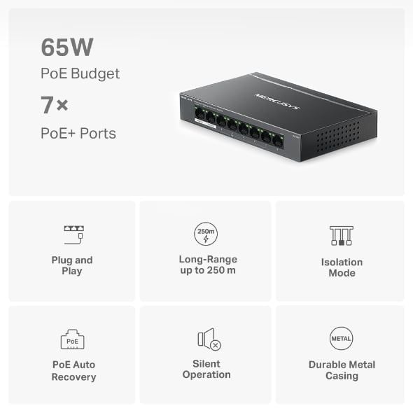 Switch PoE+ Gigabit 8 Cổng Mercusys MS108GP (7 Cổng PoE+, 65W, Extend 250m), Giảm nguy cơ xung đột và truy cập trái phép