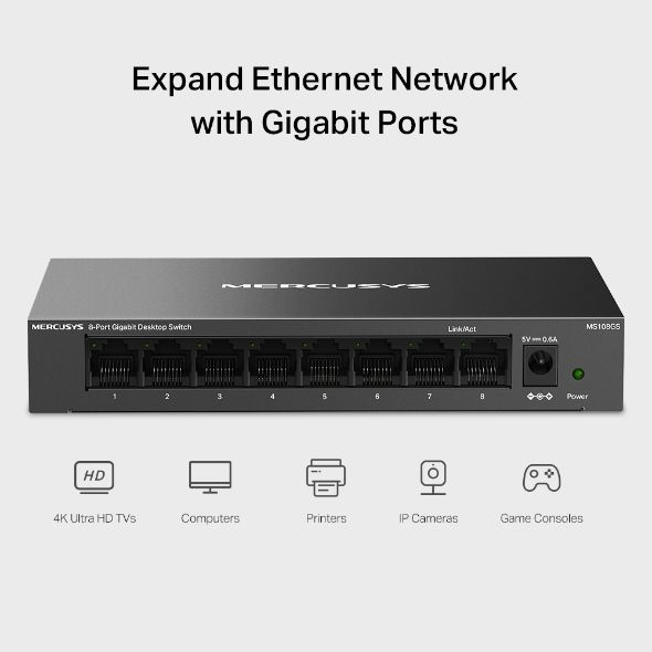Switch Gigabit 8 Cổng Mercusys MS108GS Vỏ Kim Loại bảo vệ linh kiện bên trong và duy trì hiệu suất ổn định