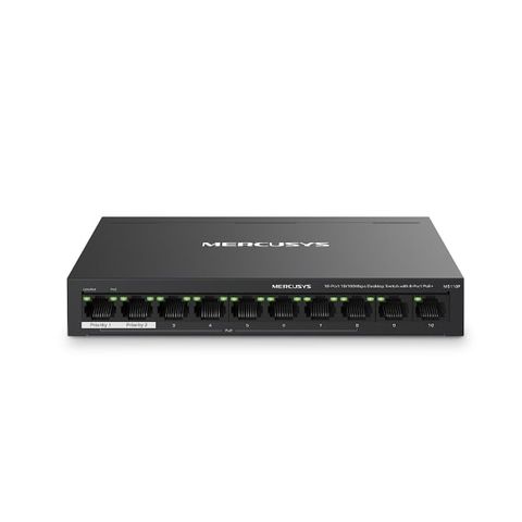 Switch PoE Mercusys MS110P 10/100Mbps 8 Cổng PoE+ 65W Vỏ Kim Loại, Truyền dữ liệu và cấp nguồn trên một cáp