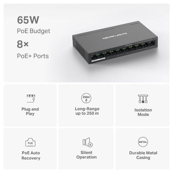 Switch PoE Mercusys MS110P 10/100Mbps 8 Cổng PoE+ 65W Vỏ Kim Loại, Truyền dữ liệu và cấp nguồn trên một cáp