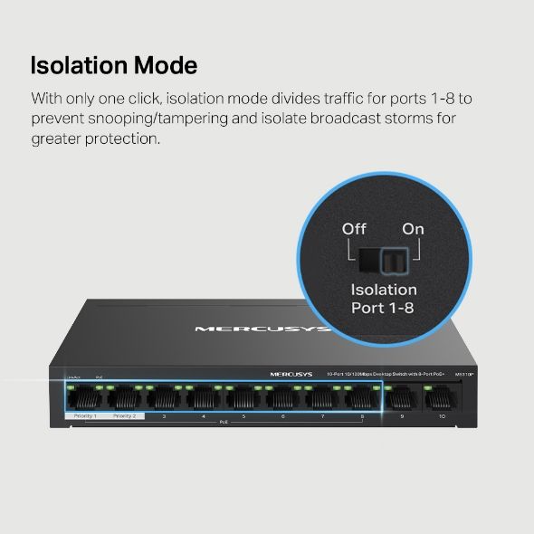 Switch PoE Mercusys MS110P 10/100Mbps 8 Cổng PoE+ 65W Vỏ Kim Loại, Truyền dữ liệu và cấp nguồn trên một cáp