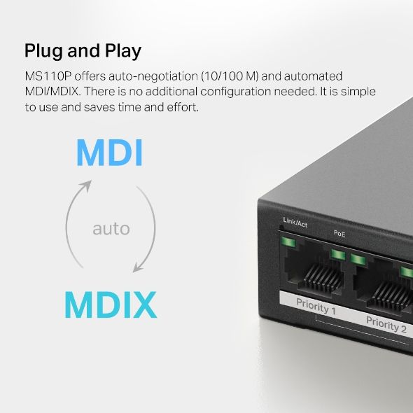 Switch PoE Mercusys MS110P 10/100Mbps 8 Cổng PoE+ 65W Vỏ Kim Loại, Truyền dữ liệu và cấp nguồn trên một cáp