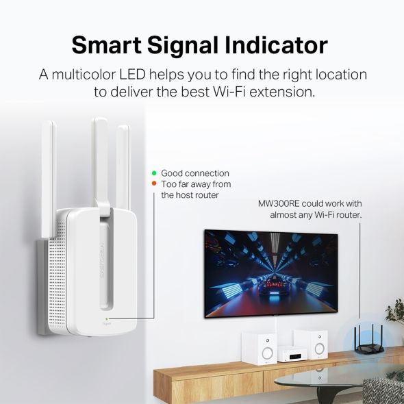 Bộ Mở Rộng Sóng WiFi 300Mbps Mercusys MW300RE, Loại bỏ điểm chết WiFi, Tự động kết nối với nút WPS
