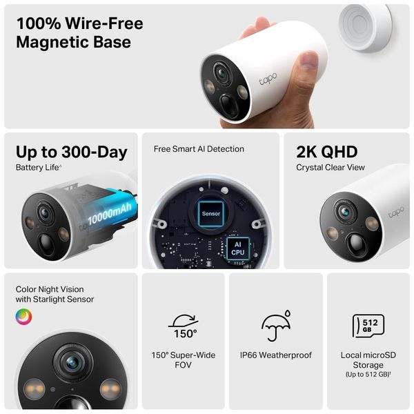 Camera wifi ngoài trời dùng Cell pin Sạc lại Lithium-ion TP-Link Tapo C425, 2K 4MP, 10000mAh