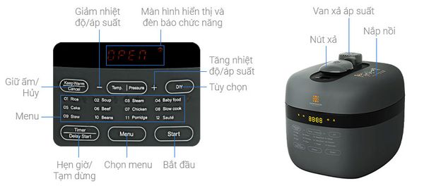 Nồi áp suất điện tử Hawonkoo PCH-500, Hàn Quốc, dung tích 5 lít, điều khiển cảm ứng, màn hình LED