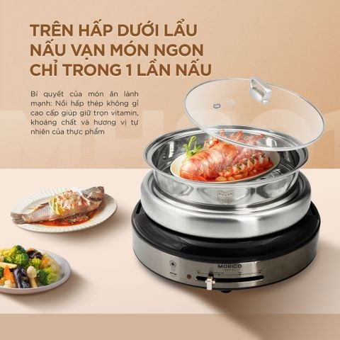 Nồi lẩu nướng hấp 3 trong 1 Morico MH801, 1.4L Chính Hãng, Giá Rẻ