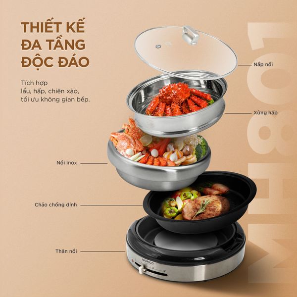Nồi lẩu nướng hấp 3 trong 1 Morico MH801, 1.4L Chính Hãng, Giá Rẻ
