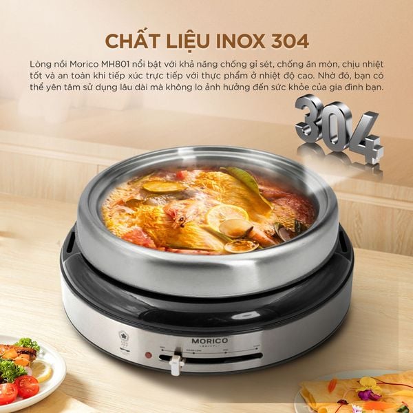 Nồi lẩu nướng hấp 3 trong 1 Morico MH801, 1.4L Chính Hãng, Giá Rẻ