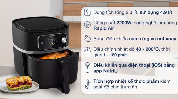 Nồi chiên không dầu điện tử cao cấp Philips HD9880/90, Điều khiển qua App, dung tích 8.3 lít