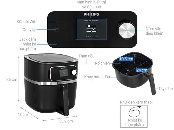 Nồi chiên không dầu điện tử cao cấp Philips HD9880/90, Điều khiển qua App, dung tích 8.3 lít