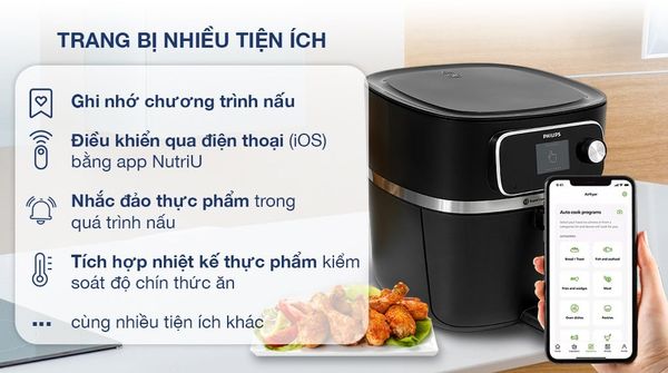Nồi chiên không dầu điện tử cao cấp Philips HD9880/90, Điều khiển qua App, dung tích 8.3 lít
