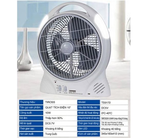 Quạt sạc điện Tiross TS9172– Quạt tích điện đa năng, vận hành êm ái, tích hợp đèn LED tiện lợi