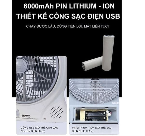Quạt sạc điện Tiross TS9172– Quạt tích điện đa năng, vận hành êm ái, tích hợp đèn LED tiện lợi
