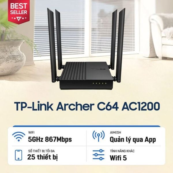 Bộ Phát Sóng Router WiFi AC1200 TP-Link Archer C64 Airtime Fairness tối ưu thời gian sử dụng mạng