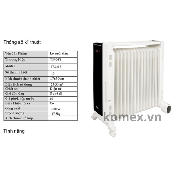 Máy Sưởi Dầu Tiross TS9215 15 Thanh, Công Suất 2800W, Có Điều Khiển, Tiết Kiệm Điện