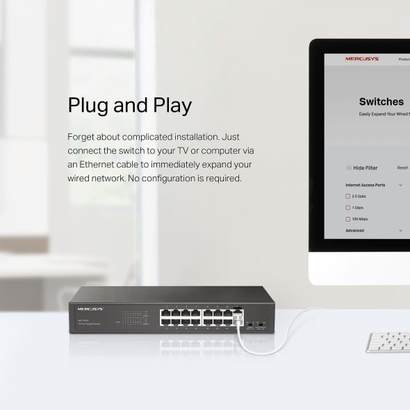 Switch Gigabit 16 Cổng Mercusys MS116GS, đáp ứng tốt truyền tải dữ liệu lớn và kết nối nhiều thiết bị cùng lúc