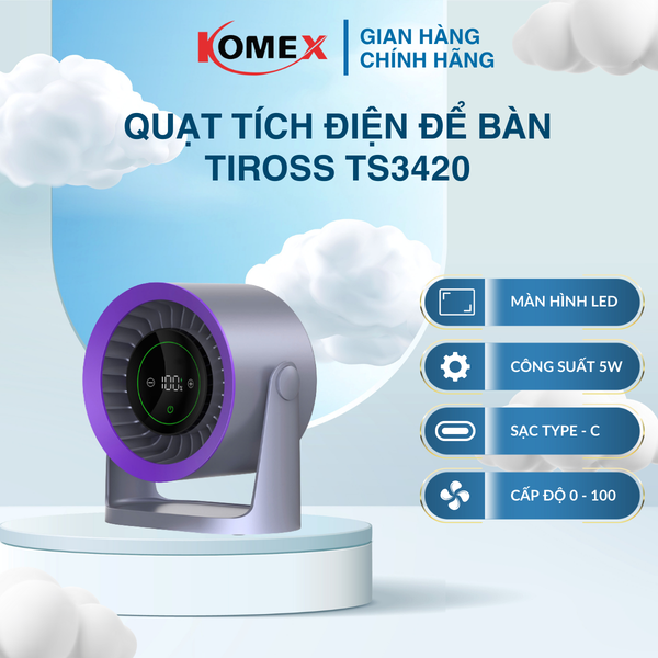 Quạt Sạc Tích Điện Tiross TS3420 Pin 5000mAh 6 Chế Độ Gió, 100 Tốc Độ Gió Linh Hoạt