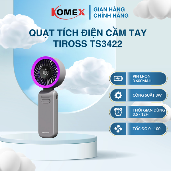Quạt Tích Điện Cầm Tay Tiross TS3422 5W, Pin 3600mAh, 100 Cấp Độ Gió Phù Hợp Di Chuyển Ngoài Trời