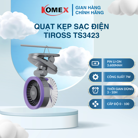 Quạt kẹp sạc điện USB Tiross TS3423 đa năng, pin 3600mAh cùng 100 cấp gió linh hoạt