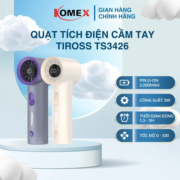 Quạt Tích Điện Cầm Tay Tiross TS3426 5W, Pin 2000mAh, 100 Cấp Độ Gió Phù Hợp Nhiều Nhu Cầu Khác Nhau