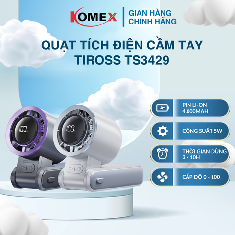 Quạt Sạc Tích Điện Cầm Tay Tiross TS3429 5W, Pin 4000mAh, 100 Cấp Gió Có Thể Gấp Gọn