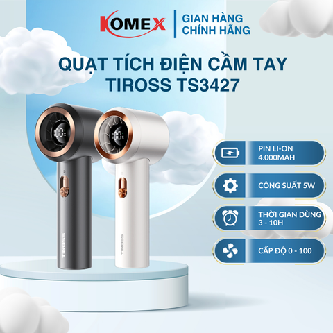 Quạt Sạc Tích Điện Cầm Tay USB Tiross TS3427 5W, 100 Cấp Gió Pin 4000mAh Dùng Lên Đến 10 Giờ