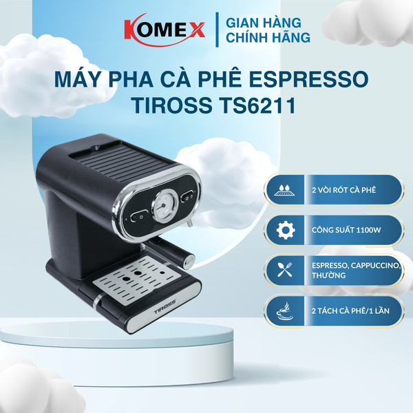 Máy pha Cafe Tiross TS6211 1100W bán tự động, áp suất 15 bar, phù hợp người mới bắt đầu pha máy