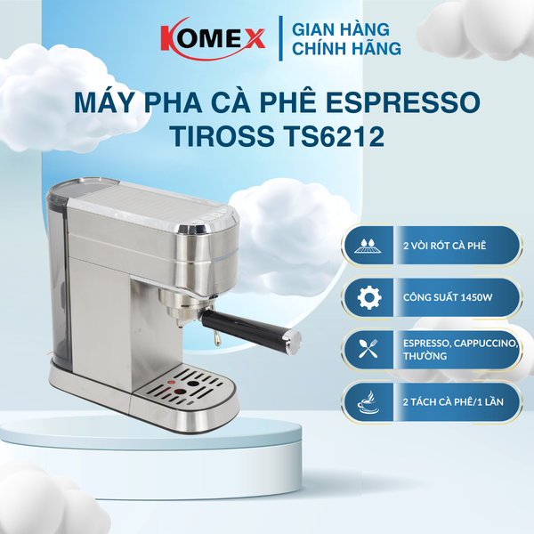 Máy pha Cafe Tiross TS6212 1450W áp suất 15 bar, pha Espresso Cappuccino chuẩn Barista