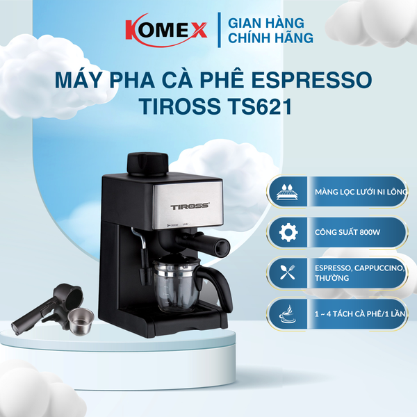 Máy Pha Cafe Bán Tự Động Tiross TS-621 800W Pha Espresso Cho Gia Đình Nhỏ Tối Đa 4 Tách Cà Phê