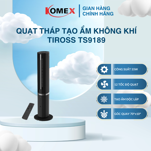 Quạt Tháp Tạo Ẩm Không Khí Tiross TS9189 55W Có Remote 12 Tốc Độ Gió Mát Dịu Tự Nhiên