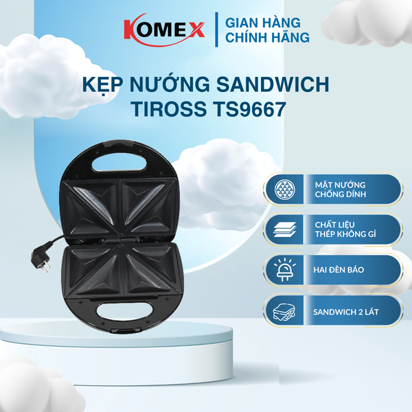 Kẹp nướng bánh mì sandwich 2 lát Tiross TS9667 công suất 750W vỏ thép không gỉ chống nóng, nướng nhanh, an toàn