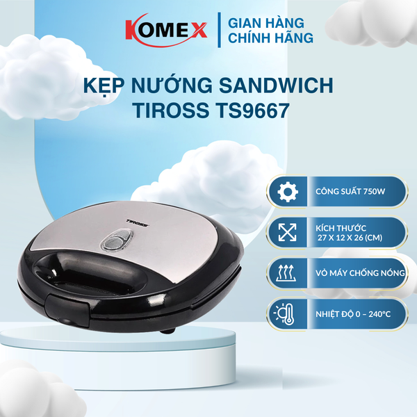 Kẹp nướng bánh mì sandwich 2 lát Tiross TS9667 công suất 750W vỏ thép không gỉ chống nóng, nướng nhanh, an toàn