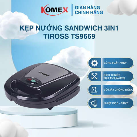 Kẹp nướng bánh mì sandwich 3 in 1 Tiross TS9669 đa năng 750W 3 khay nướng chống dính tháo rời