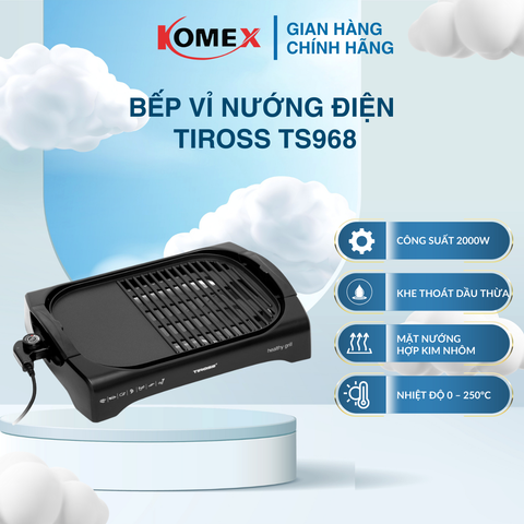 Bếp Vỉ Nướng Điện Tiross TS968 2000W Không Khói, Thiết kế 2in1 Có Rãnh Thoát Mỡ
