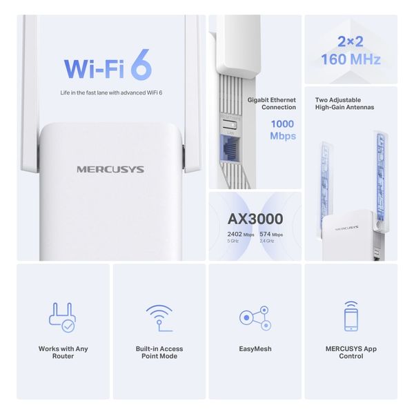 Cục kích sóng, mở rộng sóng Wifi 6 băng tần kép AX3000 MERCUSYS ME80X
