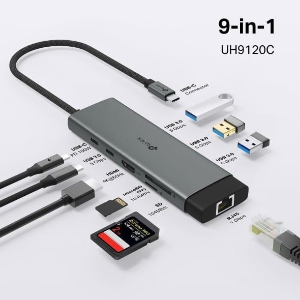 Hub chuyển đổi USB Type-C 9 cổng UH9120C – HDMI 4K@60Hz, LAN Gigabit, PD 100W