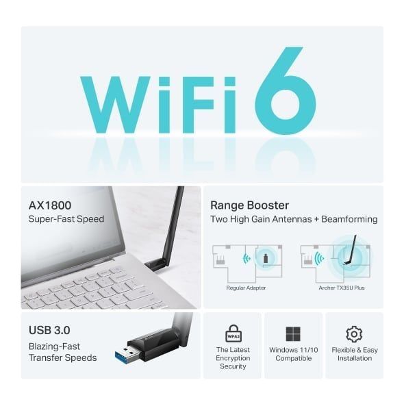USB Adapter WiFi 6 AX1800 TP-Link Archer TX35U Plus, USB 3.0, Tập trung tín hiệu WiFi trực tiếp về router