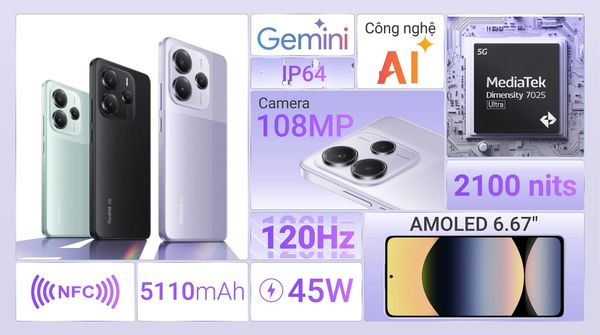 Điện thoại Xiaomi Redmi Note 14 5G Ram 8GB, ROM 256GB, Dimensity 7025-Ultra, Pin 5110mAh