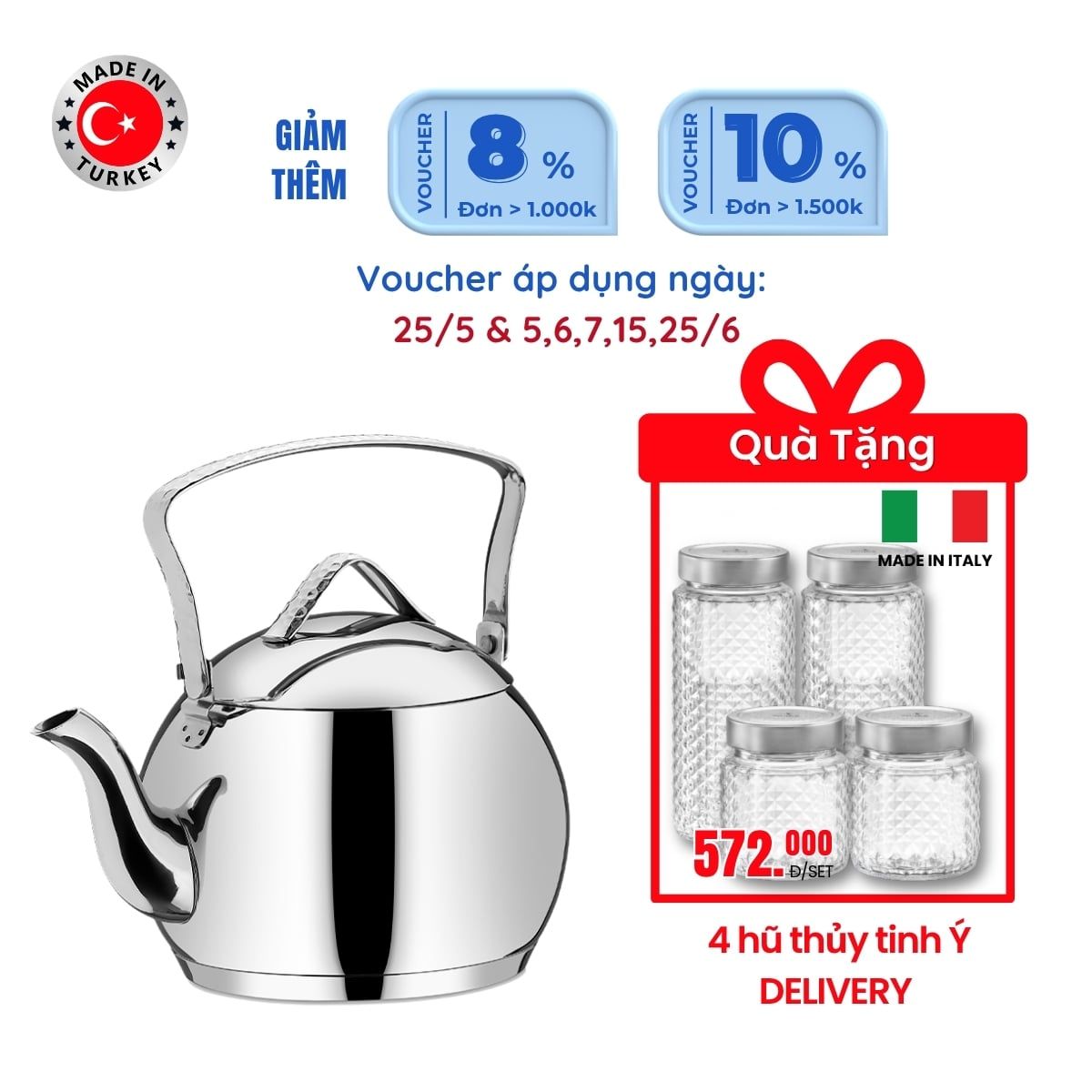  Ấm inox cao cấp Korkmaz Tombik 3.5 lít - A094 