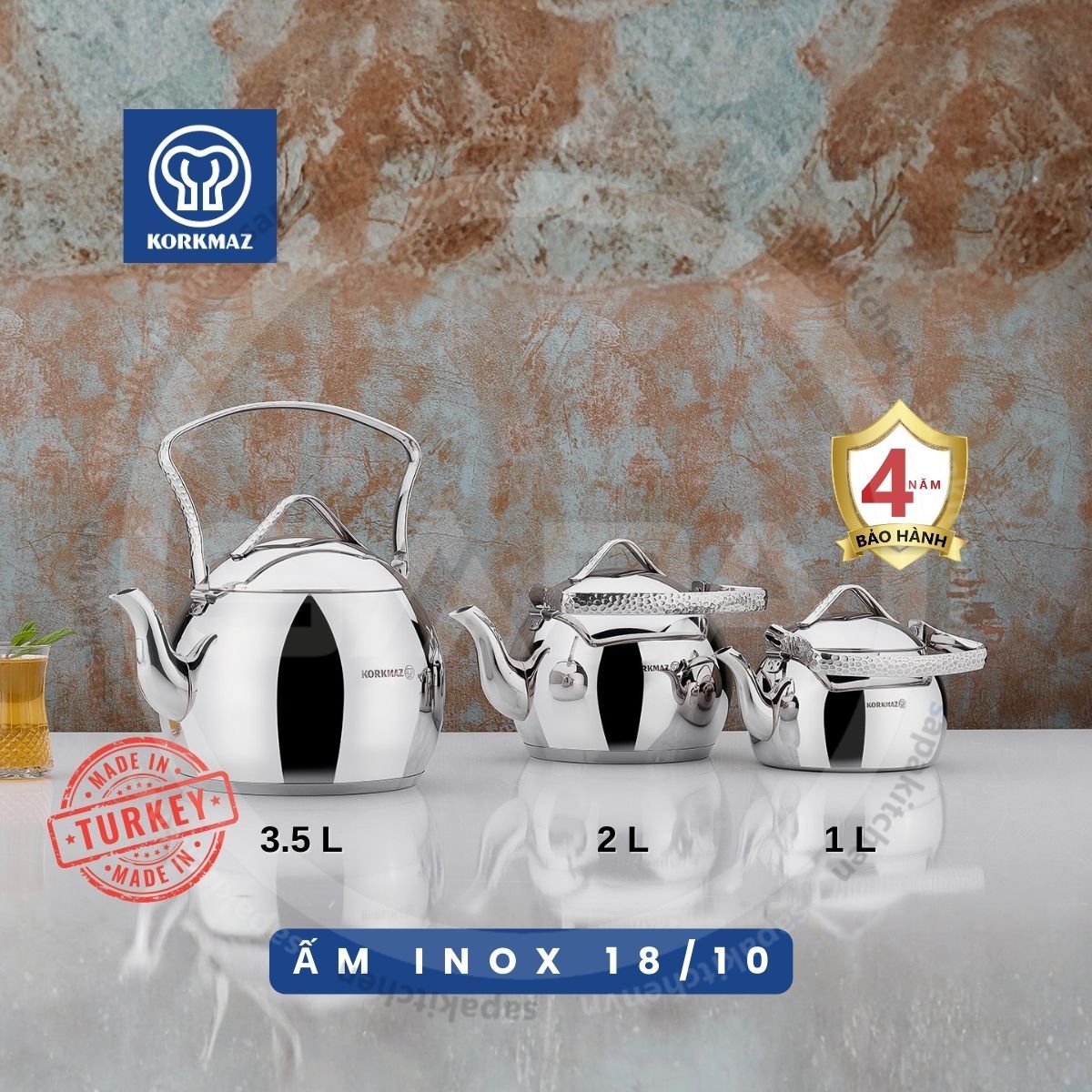  Ấm inox cao cấp Korkmaz Tombik 3.5 lít - A094 