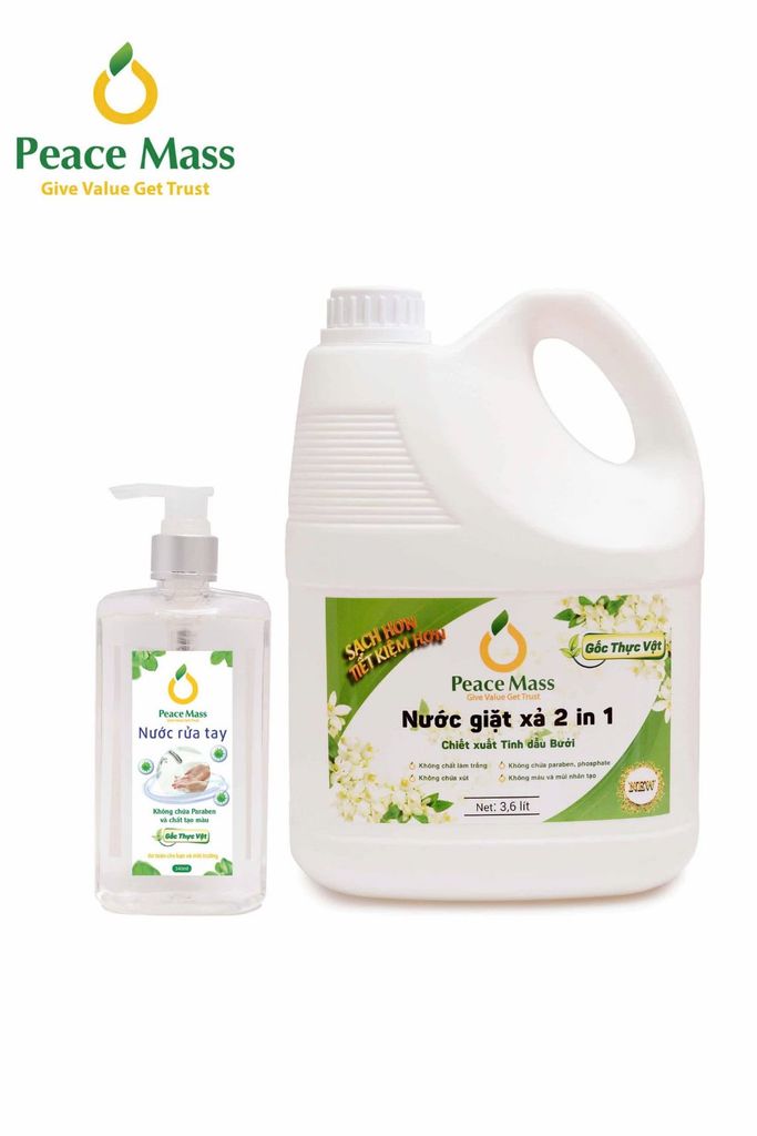  NGB2 Combo Sản Phẩm Gốc Thực Vật Peace Mass Nước Giặt Xả 2 in 1 3.6 lít + Nước Rửa Tay 340ml 